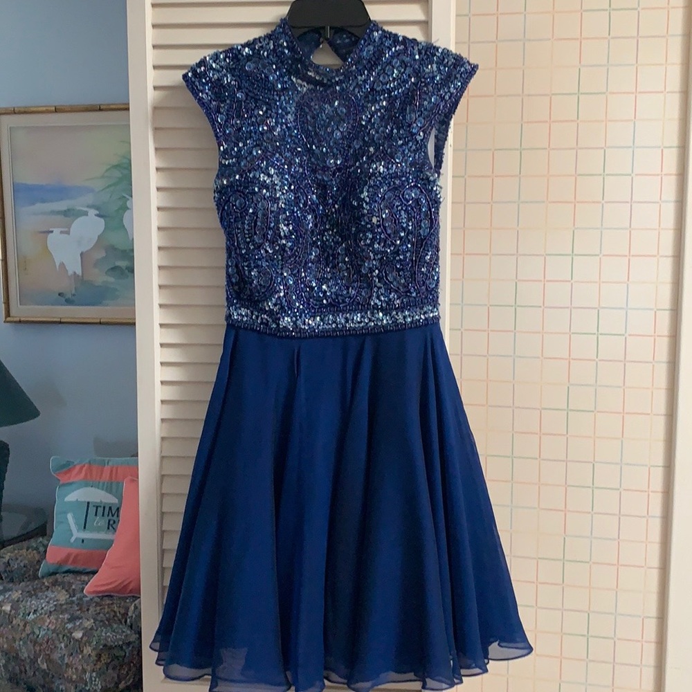 Sherri Hill , Blue Cocktail , Knee Length , Bead and Sequin dress Size 4